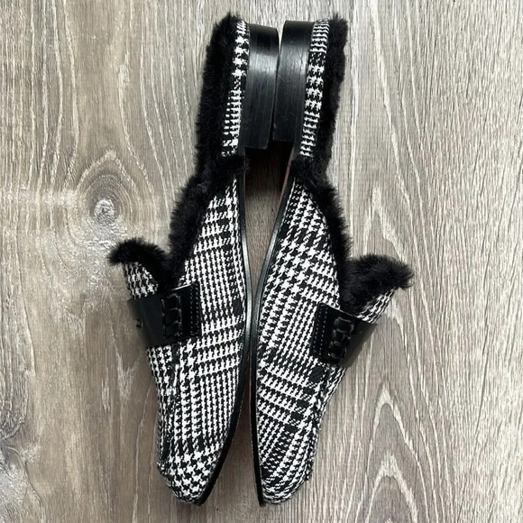 J.Crew Academy Loafer Mule with Faux Fur Lining Black/ Ivory Plaid Fabric - Picture 5 of 9